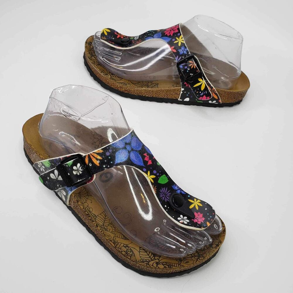 CALCEO Sandals Womens Size 37 Multicolor Black Floral Thong Slide US 6.5 / 7